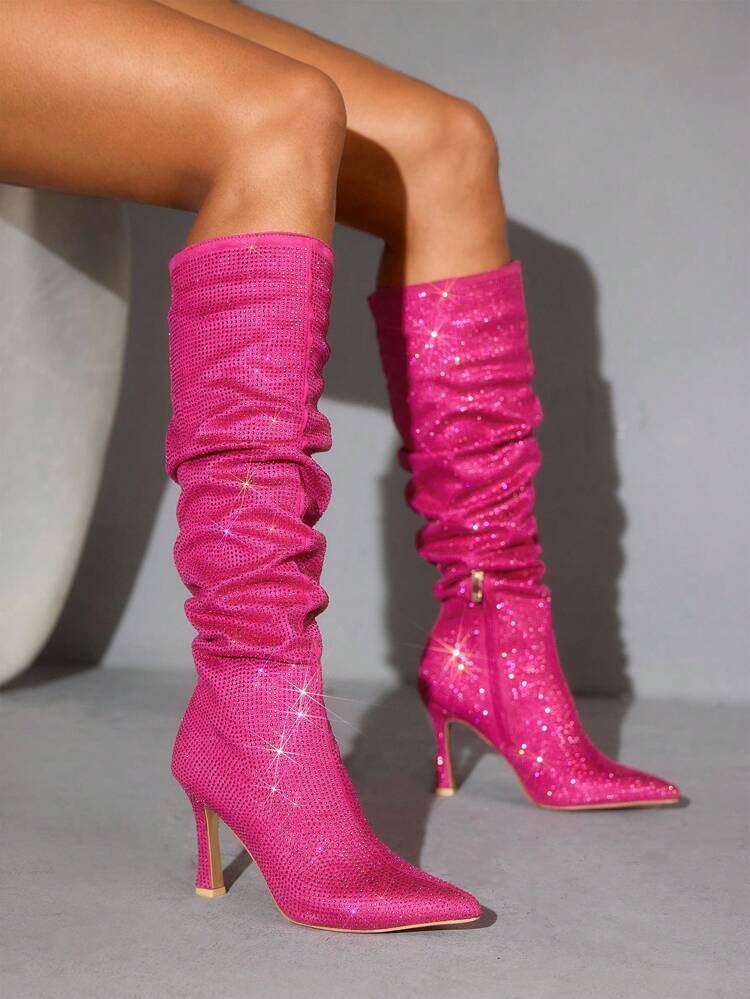 CUCCOO SZL Women's Pointed Toe High Heel Fuchsia Wrinkled Rhinestone Embellished Sexy Knee-High Boots, Suitable For Nightclub, Party, Gathering, Pink For Christmas Spring Shoes