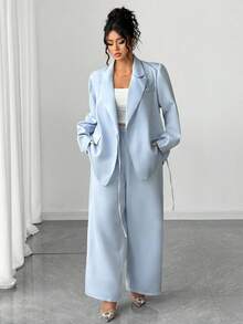Elenzga Plus Size Women Elegant Solid Color Tie-Up Blazer Suit Set, Suitable For Commuting, Autumn/Winter Fall Cloth For Women - Baby Blue - View 3