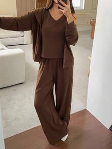 DAZY 3pcs Solid Color Comfortable Hooded Button Placket Top, Tank Top And Pants Women Lounge Set, Fall Winter Clothes - Coffee Brown - View 7
