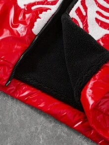 Manfinity EMRG Men's Winter Red And White Skeleton Jacket,Skull Towel Embroidery Thermal Lined Warm Coat,Streetwear Holiday Y2K Fashion,Anime Zip Up Fall Outerwear - Red - View 8