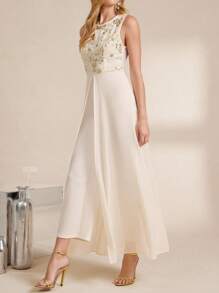 Amorya 女士圆领无袖亮片杏色和米色腰部修身雪纺优雅连体裤，适合日常穿着、聚会、派对、春夏、秋冬