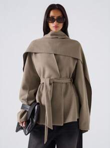 LYSMO Áo khoác dài tay màu trơn dành cho nữ có thiết kế khăn buộc eo, mùa thu/đông - Màu Khaki - Xem 1