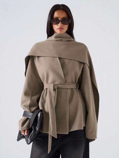 LYSMO 2025 New Arrive Minimalism Fall Women's Solid Color Long Sleeve Overcoat With Waist Tie Scarf Design, Autumn/Winter,