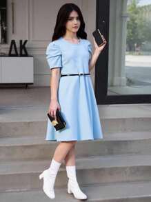 SHEIN Tween Girl' Simple Elegant Round Neck Short Sleeve Casual Dress - Blue - View 8
