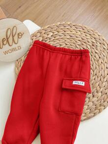 2pcs/Set Baby Boy Cute Red Hooded Sweatshirt With Pockets & Elastic Waist Pants Set, Autumn/Winter Fall - Red - View 6