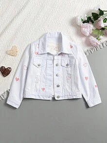 年轻女孩休闲时尚白色破洞牛仔夹克，粉色爱心刺绣，修身款式，适合日常穿着和上学 - 白色 - 查看 1