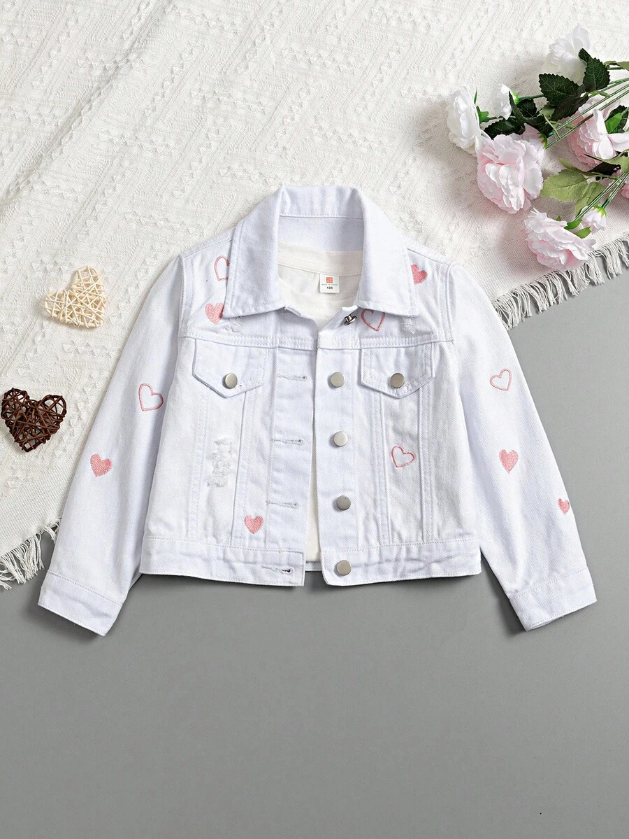年轻女孩休闲时尚白色破洞牛仔夹克,粉色爱心刺绣,修身款式,适合日常穿着和上学 - 白色 - 查看 1