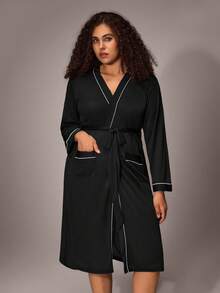 Plus Contrast Piping Belted Robe Without Lingerie Cozy And Elegant Details, For Fall Outfit