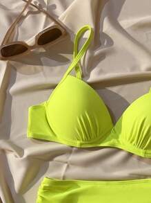 SHEIN Swim Summer Beach Ruched Push Up High Waisted Neon Bikini - Lime Green - View 4