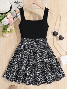 SHEIN Teen Girls Black Floral Knitted Vest Splice A-Line Holiday Casual Dress Holiday Outfits