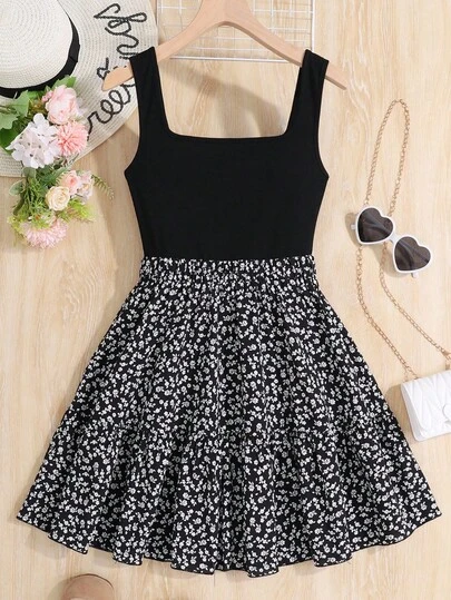 SHEIN Teen Girls Black Floral Knitted Vest Splice A-Line Holiday Casual Dress Holiday Outfits