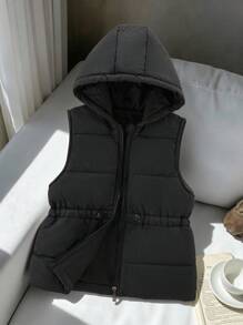 SHEIN 青少年女孩休闲百搭绗缝加厚连帽束腰加厚背心，秋冬秋季 - 黑色 - 查看 4