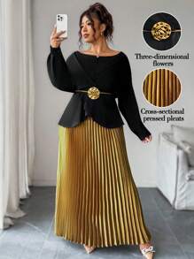 Elenzga 加大码缎面裹身加大码领长袖衬衫 + 缎面褶饰腰裙两件套，休闲外出、度假、派对装