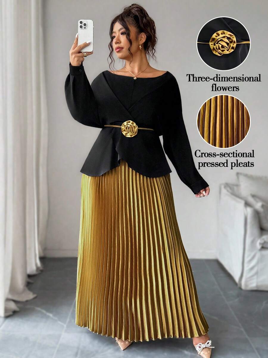 Elenzga 加大码缎面裹身加大码领长袖衬衫 + 缎面褶饰腰裙两件套，休闲外出、度假、派对装