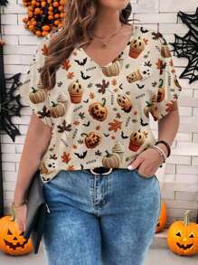 EMERY ROSE Áo thun tay ngắn cổ chữ V in hình quả bí ngô thường ngày rộng rãi cho nữ mặc Halloween cỡ lớn, trang phục Halloween cho lễ hội đêm đi chơi - Nhiều màu - Xem 6