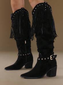 Styleloop Damskie, proste, wsuwane, wygodne, ocieplane buty na drewnianym obcasie, buty z motywem rekina, odpowiednie na Halloween, Boże Narodzenie, strój jesienny, czarne buty, buty damskie, buty westernowe, Core - Czarne - Zobacz 8