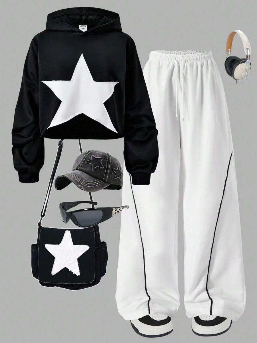 Sparklyn 2 件套青少年女孩休闲宽松星星和花朵印花短款连帽衫 T 恤和运动裤套装 - 黑色 - 查看 1