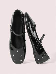 CUCCOO DOLLMOD Women's Rhinestone Decor Glossy Buckle Design Flat Casual Shoes - Black - View 2