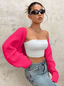 EURMUSE Y2K Grunge Drop Shoulder Open Front Crop Cardigan Without Tube Top - Hot Pink - View 5