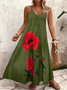 Breezaya Plus Size Women Loose Floral Rose Print Spaghetti Strap V-Neck Dress