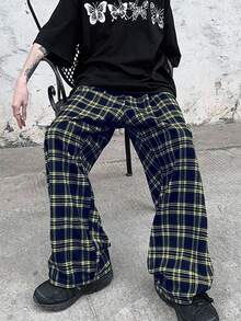 Manfinity Hypemode 宽松男士格子印花抽绳腰裤格子裤阔腿裤原宿裤垃圾裤男士宽松宽裤，2000 年代风格，适合秋季 - 彩色 - 查看 3