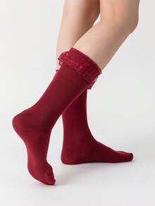 ROMWE Kawaii Women's Mid-Calf Socks, Ankle Socks With Lace And Ruffle Trim - Coffee Brown - View 3