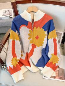 Regalyn Plus Size Women's Colorful Crew Neck Zip-Up Sweater Top Fall Winter Cloth For Women Autumn