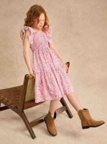 Robe casual élégante pour fille pré-adolescente, manches courtes style trapèze, col carré, robe fleurie à nœud, convient pour les sorties de printemps, été, automne, école - Rose bonbon - Voir 5