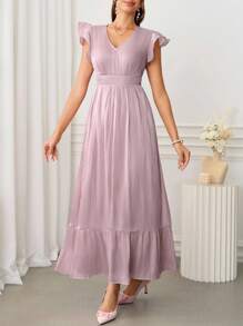 Ellevyn 女式褶皱荷叶边袖收腰闪亮优雅连衣裙，修身，适合日常穿着和聚会，春夏季 - 粉色 - 查看 9