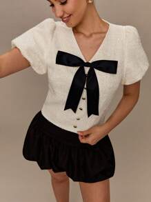 Enchnt Women's Short Puff Sleeve Elegant Bow Tweed Blouse - White - View 4