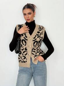 SHEIN Tall Damen Herbst/Winter Einreihige V-Ausschnitt Leoparden Muster Pullunder, Pullunder für Frauen im Herbst, Damen Winter Pullover, Ausgeh Oberteile, Leoparden Muster, Braun, Lässig und Einfach. Ausgehen, Zuhause, Lässig, Elegant, Pendeln, Vielseitig, Hochwertige Aufwertung, Personalisiert, Geeignet für Partys, Pendeln zur Arbeit, Kundentreffen und viele andere Anlässe, Old Money Stil, Boss Feeling, Gangsterfrau Stil, Leoparden Muster Top, Gepard Muster Top - Schwarz - Übersicht 5