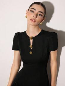 Poshira 女士优雅派对亮片拼接中长连衣裙 - 黑色 - 查看 4