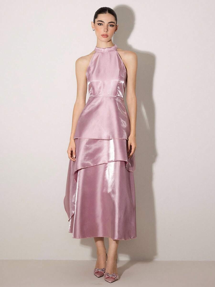 Poshira 女士飘逸荷叶边下摆连衣裙，适合生日派对 - 粉色 - 查看 1