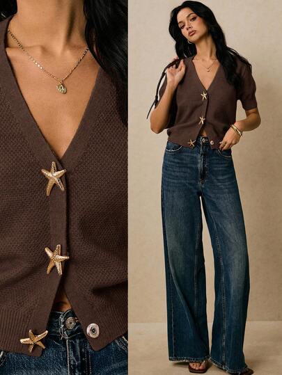 Poéselle 女式金属海星装饰V领短袖针织开衫，秋季