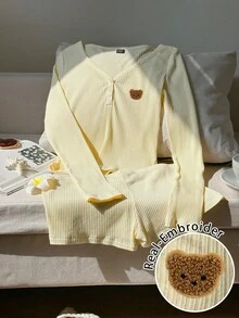 CovetEZ 2pcs Women Autumn Casual Homewear Set, Long Sleeve Top & Shorts, Embroidered Bear Pattern, Sexy & Cute, Basic Leisure Outfit,Fall - Yellow - View 6