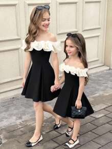 SHEIN Tween Girls' Fashionable & Elegant Off Shoulder Ruffle Hem Short Dress - Black and White - View 6