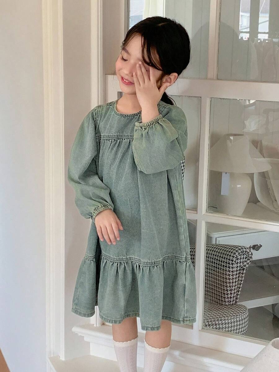 DAZY Kleine Mädchen Jeans Rundhals Kleid, Herbstkleidung