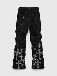 ROMWE MEN Street Life Men's Fashion Street Style Rhinestone Cross Graphic Slant Pocket Denim Jeans