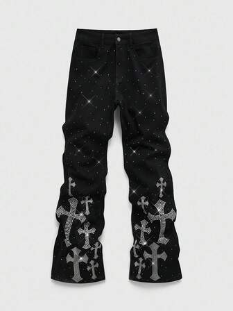 Street Life Herren Mode Street Style Jeans mit Strass Kreuz Grafik und schräger Tasche