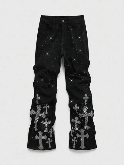Street Life Men's Fashion Street Style Rhinestone Cross Graphic Slant Pocket Denim Jeans