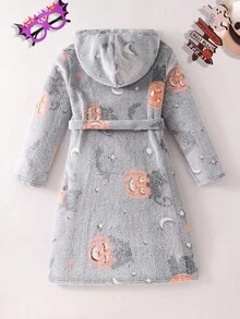 Boys' Grey Minimalist Halloween Pumpkin Glow-In-The-Dark Full Print Long Sleeve Hooded Robe, Suitable For Home Party, Autumn/Winter Fall