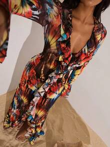 Opulessa Đầm dài tay cổ chữ V in họa tiết lưới đan cho nữ đi nghỉ mát - Nhiều màu - Xem 3