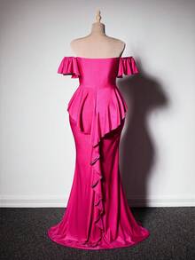 Viva Relle Plus Size Women's Sexy Maxi Dress With High Slit, Ruffle Back, Elegant For Party, Wedding, Birthday, Autumn/Winter - Hot Pink - View 3