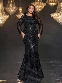 Glamrae Plus Size Black Elegant Formal Evening Dress,Spring Sequin Embroidery Beading Nail Diamond Round Neck See-Through Long Sleeve Slim Fishtail Gown - Black - View 8