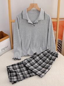 2 件套女童休闲套装，灰色翻领上衣搭配格子裤，长袖，长裤，舒适家居服，春/秋/冬 - 灰色 - 查看 7