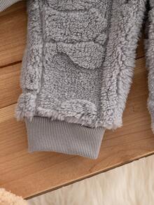 SHEIN Vintaside Kids 3 件套男婴和女婴中性款白色毛绒熊图案提花羊毛圆领运动衫、羊毛运动裤和毛绒耳帽 3 件套，秋冬季宝宝可爱舒适的服装