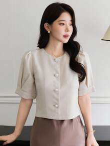 DAZY Áo cánh tay bồng cổ tròn họa tiết màu trơn cho nữ - Màu be - Xem 5