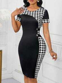 SHEIN Lady Elegant Waist Cinched Round Neck Short Sleeve Midi Dress For Women - Multicolor - View 1