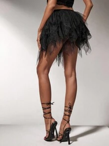 SHEIN SXY Plus Size Women Multi-Layered Ruffle Tulle Skirt, Black Mesh Skirt, Suitable For Date Night, Birthday, Bachelorette Party, Cute, Casual, Shopping, Streetwear, Going Out, Flirty, Easy To Match & Looks Slim, Accentuates Your Body, Flatters The Figure