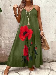 Breezaya Plus Size Women Loose Floral Rose Print Spaghetti Strap V-Neck Dress